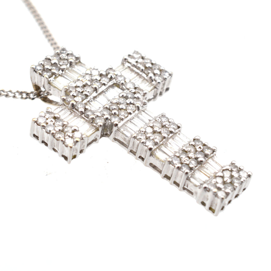 Vintage 1990s 18ct white gold cross pendant with 3 carats of diamonds, perfect for weddings and religious events.