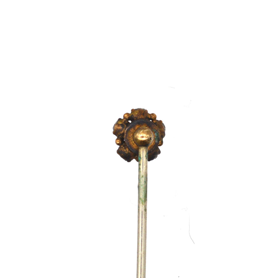 Art Deco gilt metal paste cluster tie pin with floral design, perfect for colorful silk ties.