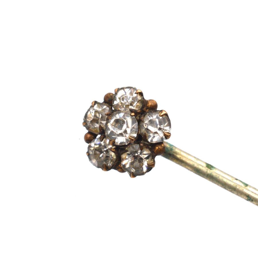 Art Deco gilt metal paste cluster tie pin with sparkling stones, ideal for elevating colorful silk ties.