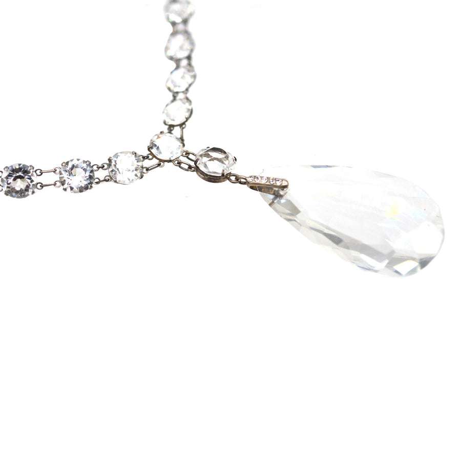 Art Deco silver long necklace featuring white paste stones and a large paste pear pendant, perfect for elegant occasions.