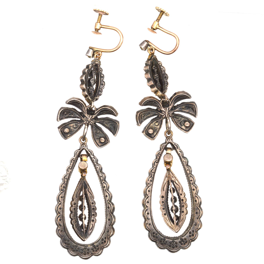 Large Art Deco Silver and Gold Bow Pendant Earrings inspired by 18th Century Portuguese design.