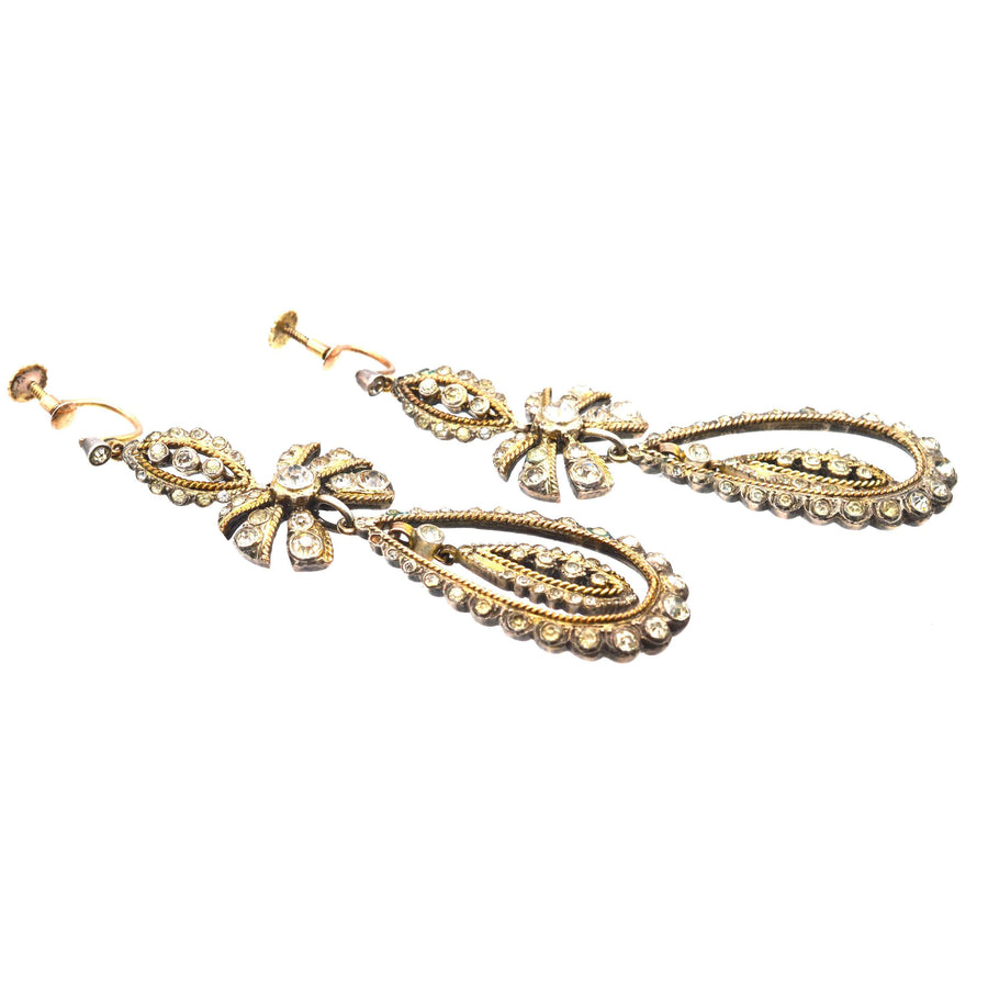 Large Art Deco silver and 9ct gold bow pendant earrings in a Portuguese style, showcasing vintage 1920s elegance.