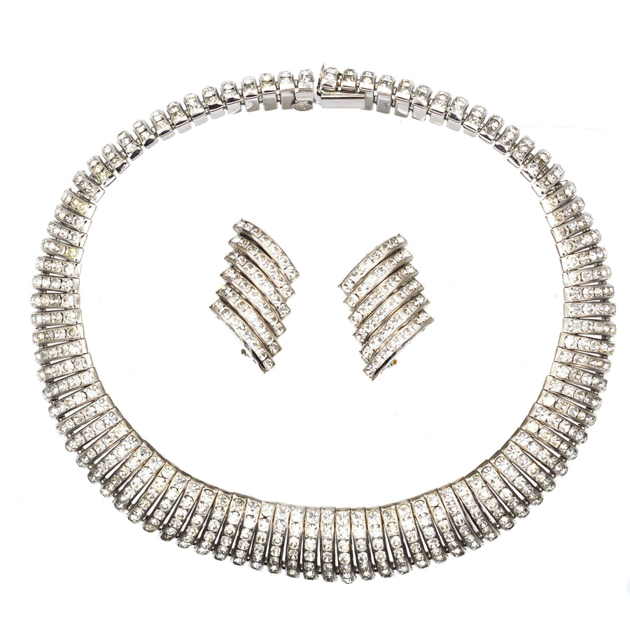 Butler and Wilson 1980s silver-tone crystal diamante choker necklace with matching earrings, elegant costume jewelry.
