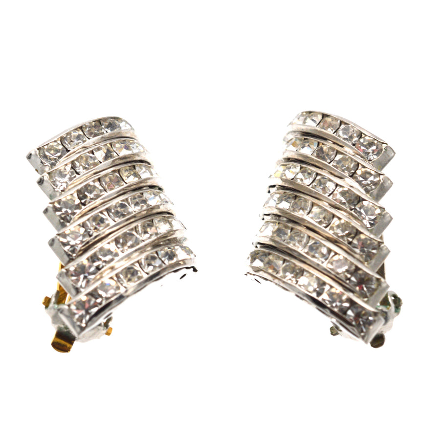 Butler and Wilson silver-tone 1980s wide crystal diamante earrings showcasing a sparkling design, perfect for vintage jewelry lovers.