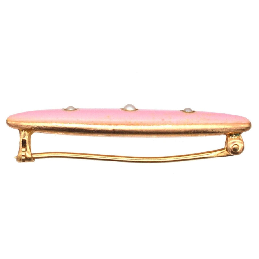 American Edwardian 14ct gold baby girl pink enamel bar brooch with three split pearls, ideal for christening gifts.
