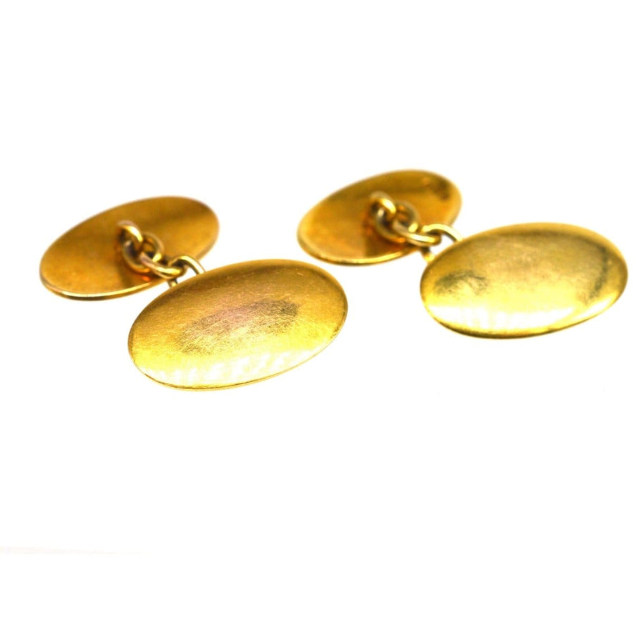 Art Deco 15ct gold plain oval cufflinks, classic un-engraved design from 1926, perfect for any formal look.