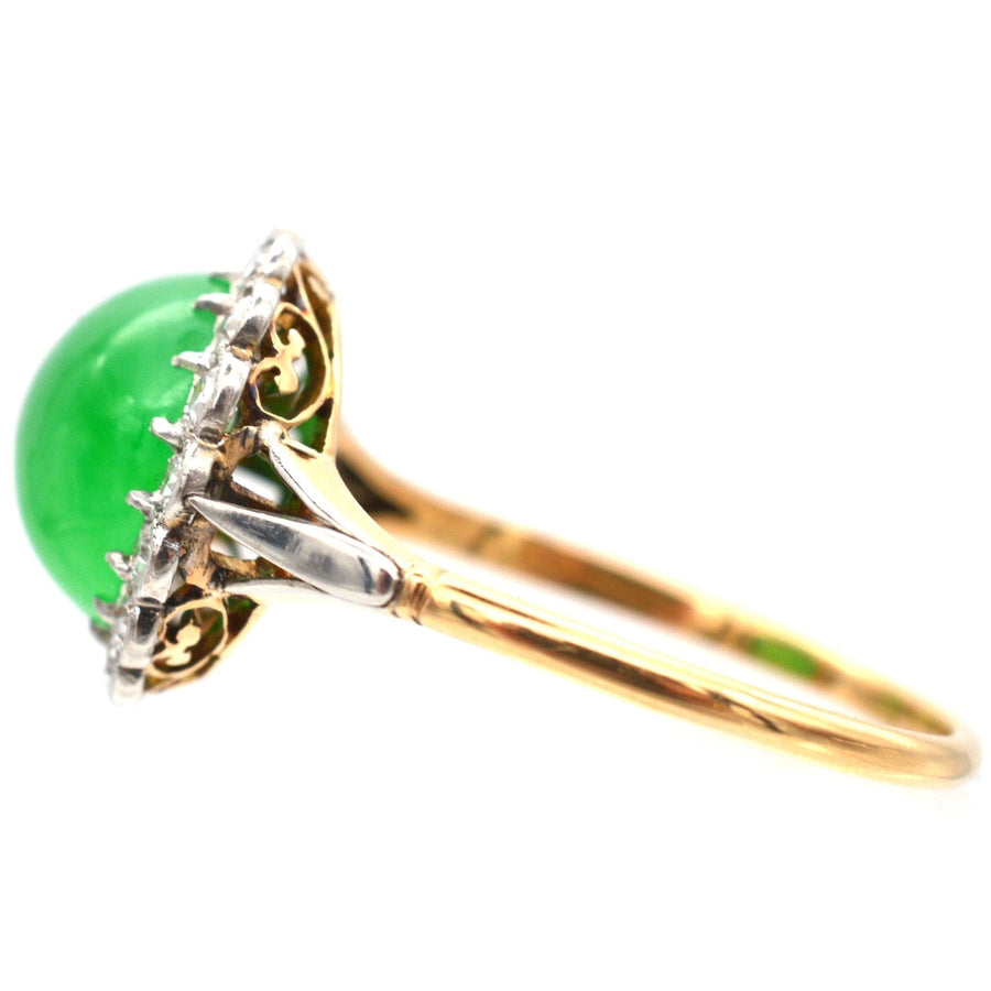Art Deco 18ct gold ring featuring certified Grade A jadeite 'Imperial Jade' and diamond cluster.