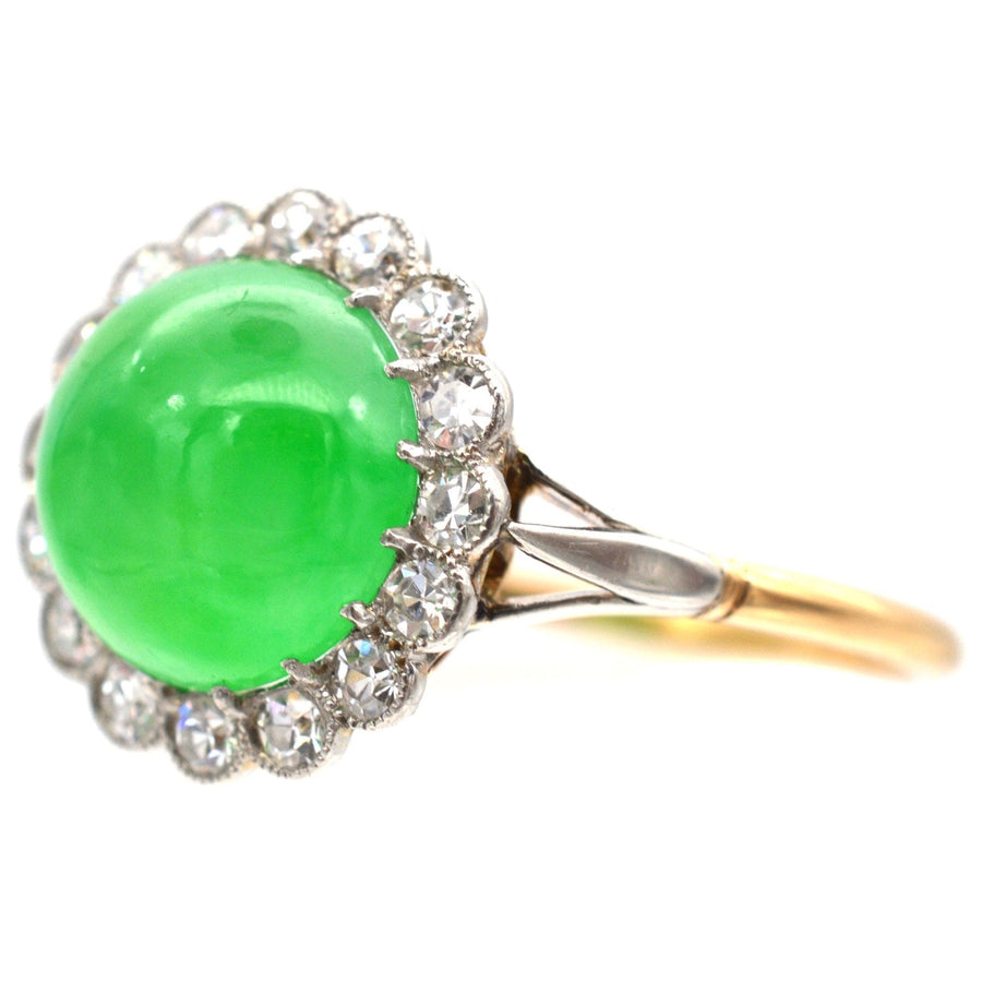Stunning Art Deco 18ct gold ring featuring certificated Grade A imperial jade and diamond cluster.