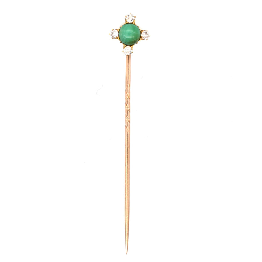 Art Deco 18ct gold tie pin featuring an old mine cut diamond and turquoise, showcasing timeless elegance.