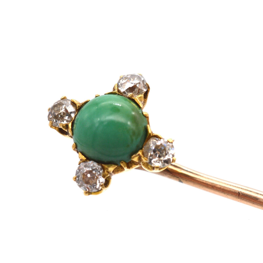 Art Deco 18ct gold tie pin featuring an old mine cut diamond and turquoise in a stylish design.
