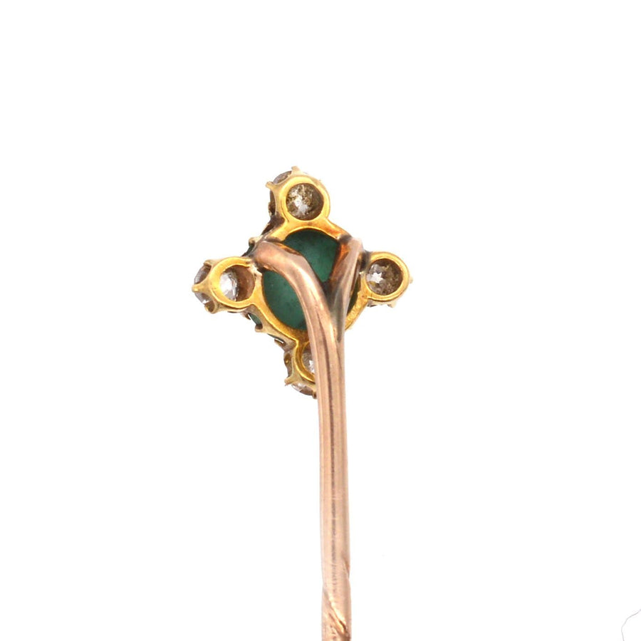 Art Deco 18ct gold tie pin featuring old mine cut diamonds and a turquoise stone, showcasing a classic design.