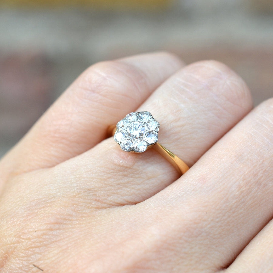 Art Deco 18ct gold and platinum diamond cluster ring on hand, featuring a 0.20ct center diamond and 0.40ct surrounding diamonds.