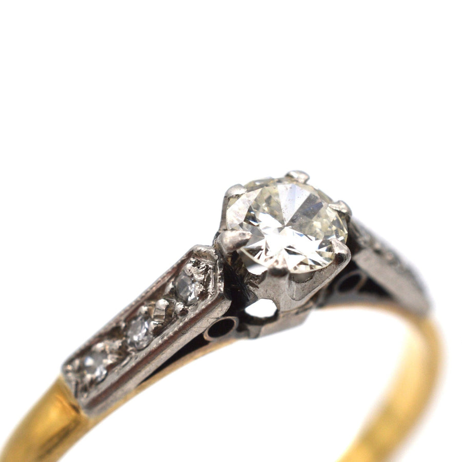 Art Deco 18ct gold and platinum diamond solitaire ring with diamond shoulders, circa 1920s, engagement ring.