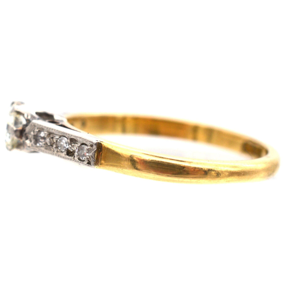 Art Deco 18ct gold and platinum diamond solitaire ring with diamond shoulders, vintage circa 1920s, engagement ring.