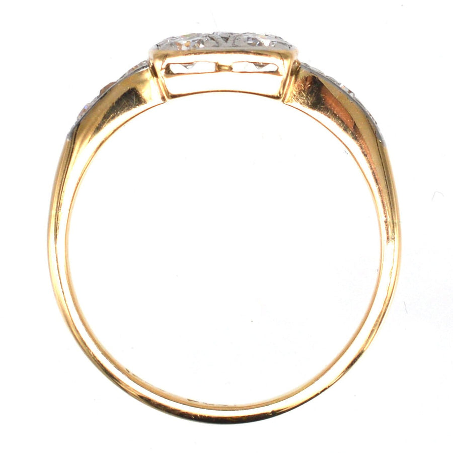 Art Deco 18ct gold and platinum diamond square ring showcasing intricate design and durability from the side view.