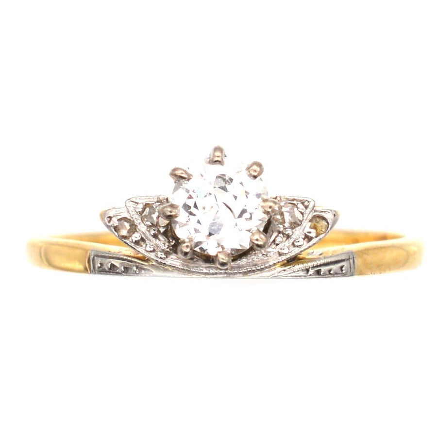 Art Deco 18ct gold and platinum diamond tiara ring, featuring a central diamond and elegant design, ideal for engagements.