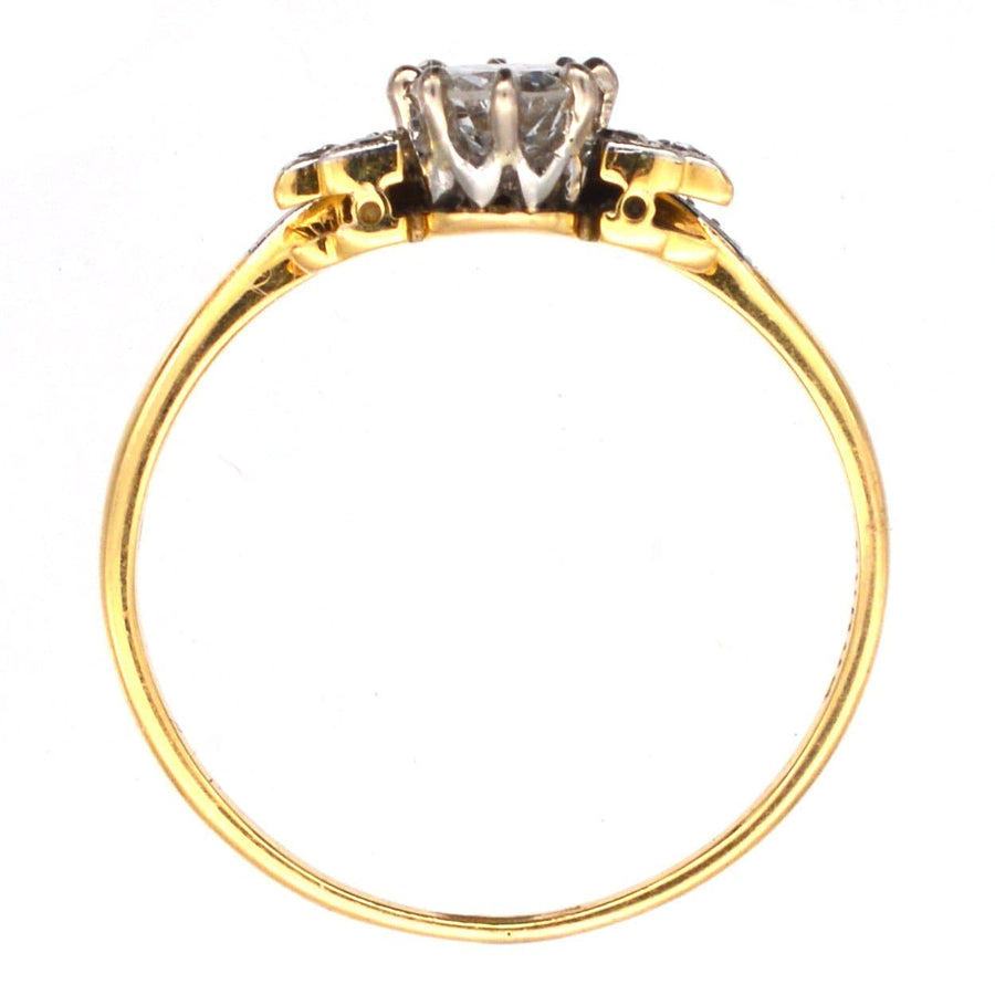 Art Deco 18ct gold and platinum diamond tiara ring showcasing a fine white diamond at its center, elegant engagement ring.
