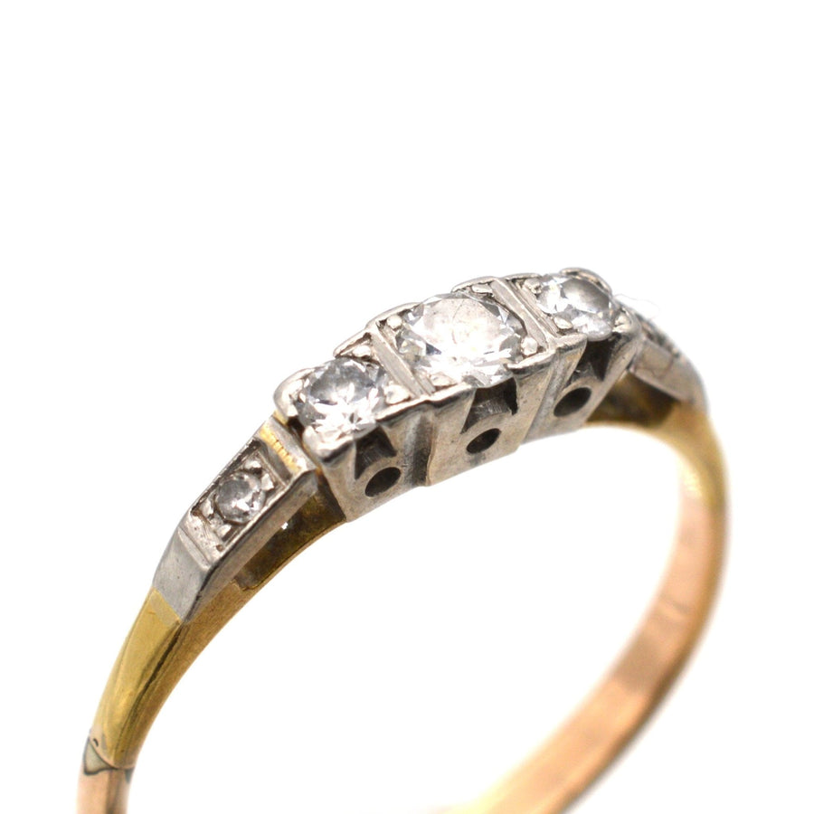 Art Deco 18ct gold and platinum three stone diamond ring with diamond shoulders, stylish vintage engagement ring.
