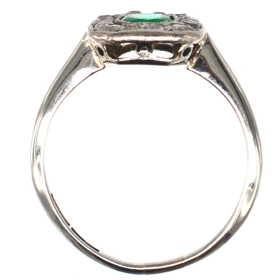Art Deco 18ct white gold emerald and diamond cluster ring with vibrant emerald, ideal for engagement, flat sitting design.