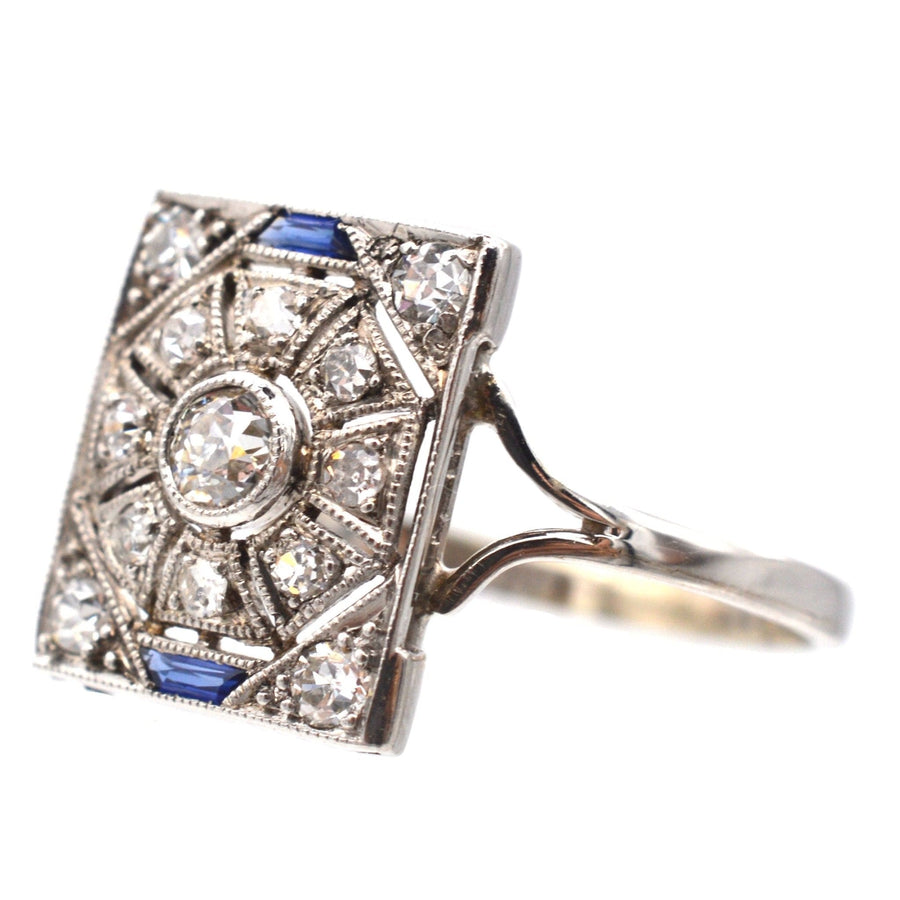 Art Deco 18ct white gold & platinum diamond and sapphire plaque ring with geometric design.