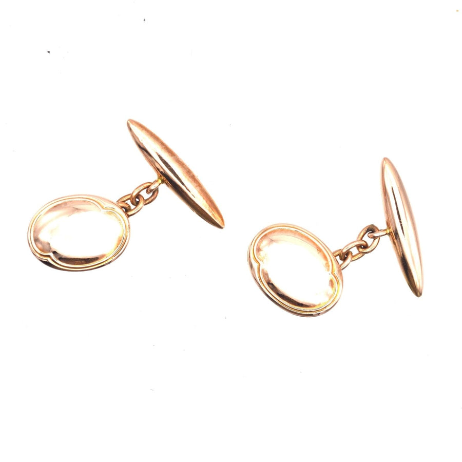 Art Deco 9ct gold plain oval cufflinks from 1920, stylish and classic design for formal attire.