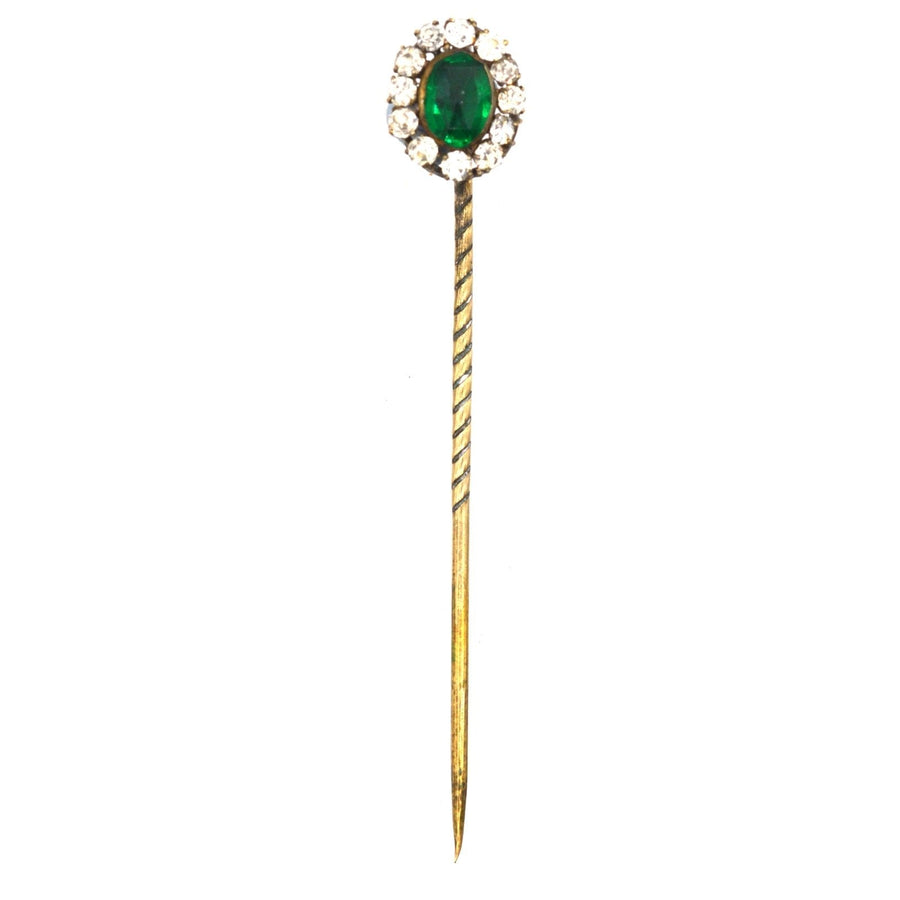 Art Deco green 'Emerald' and white paste cluster stickpin, perfect for colorful silk ties.