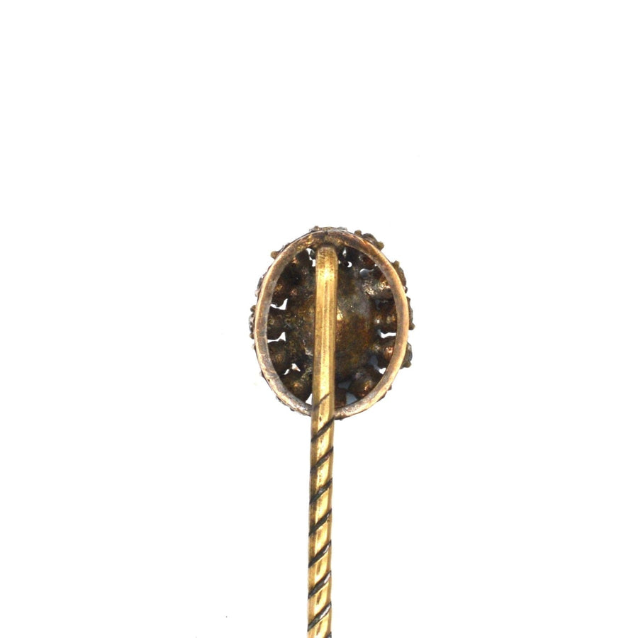 Art Deco green 'Emerald' and white paste tie pin with circular cluster design, elegant accessory for silk ties.