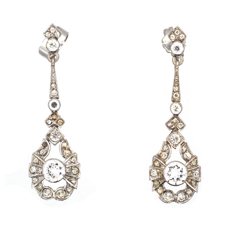 Art Deco silver and paste earrings with sparkling crystals, ideal for elegant occasions or bridal wear.