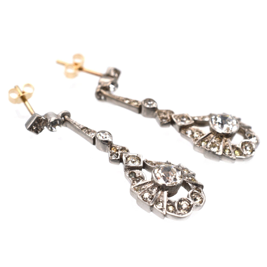 Art Deco silver earrings with sparkling paste stones, perfect for weddings or elegant parties.