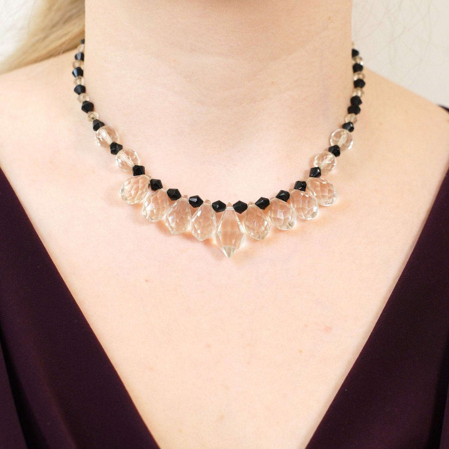Art Deco silver necklace featuring black and white paste stones, elegant and vibrant for the Jazz Age aesthetic.