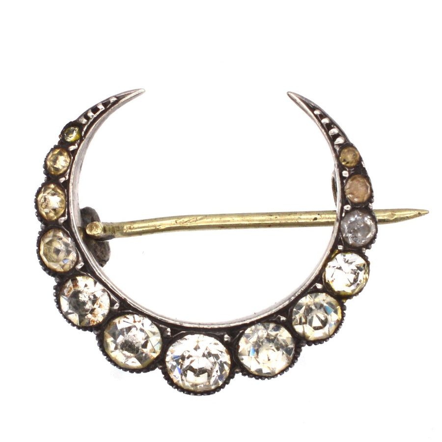 Art Deco silver crescent moon paste brooch, featuring sparkling stones, a symbol of new beginnings, ideal wedding gift.