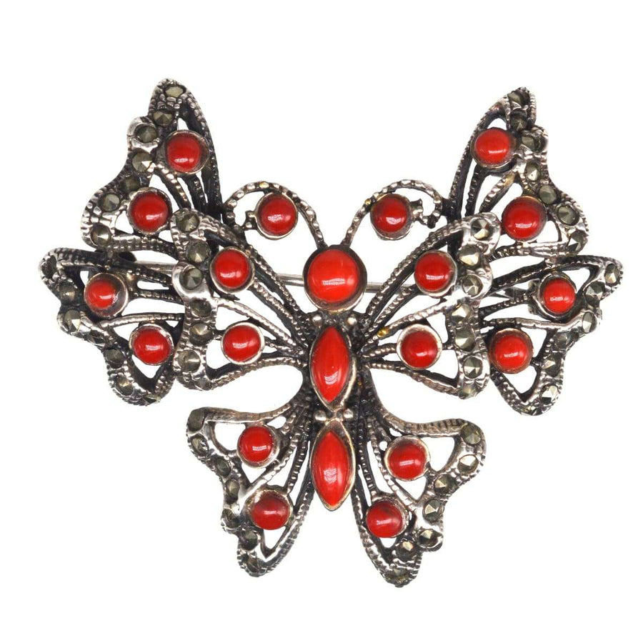 Art Deco Silver Marcasite & Synthetic Red Coral Butterfly Brooch / Pendant