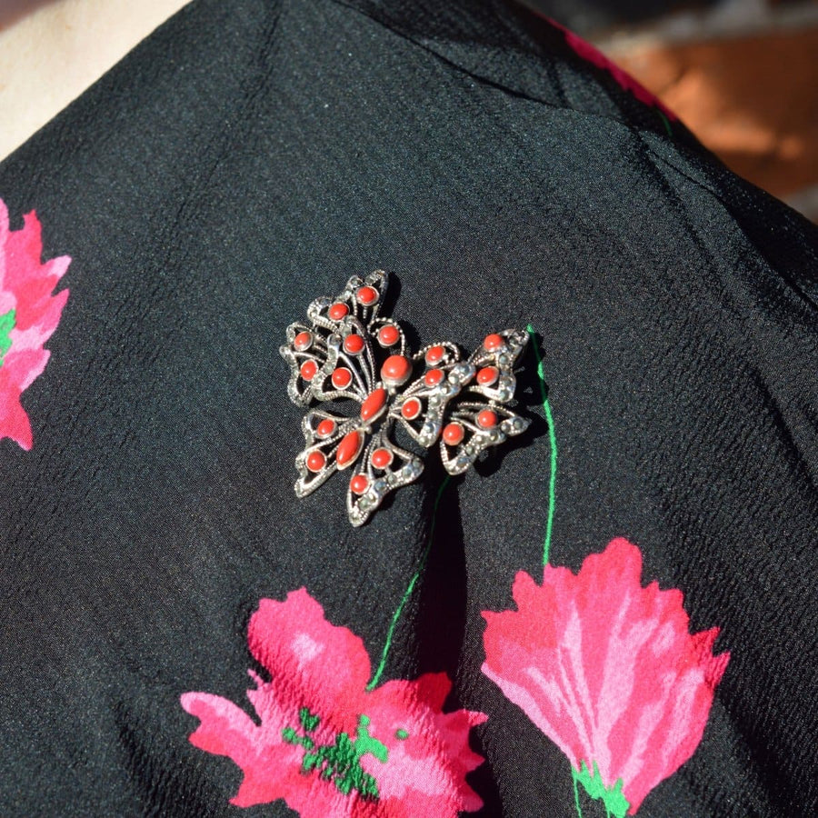 Art Deco Silver Marcasite & Synthetic Red Coral Butterfly Brooch / Pendant