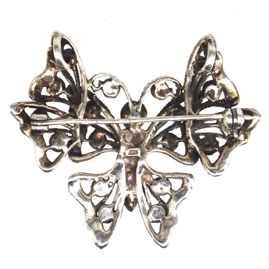 Art Deco Silver Marcasite & Synthetic Red Coral Butterfly Brooch / Pendant
