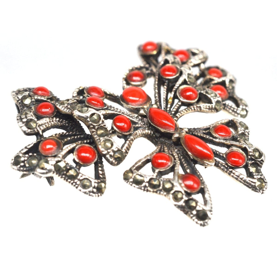 Art Deco Silver Marcasite & Synthetic Red Coral Butterfly Brooch / Pendant