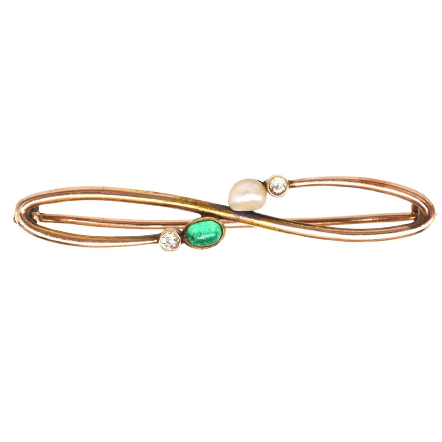 Art Nouveau 15ct gold brooch featuring cabochon emerald, natural pearl, and diamond accents.