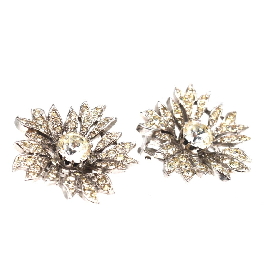 1950s Christian Dior Mitchel Maer paste flower earrings with sparkling stones, antique jewelry in good condition.