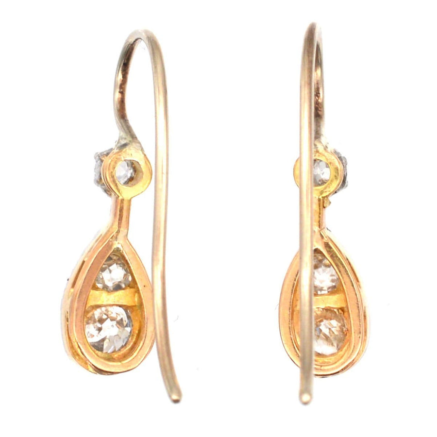 Vintage Edwardian 15ct gold and platinum diamond drop earrings with old cut diamonds, circa 1900.