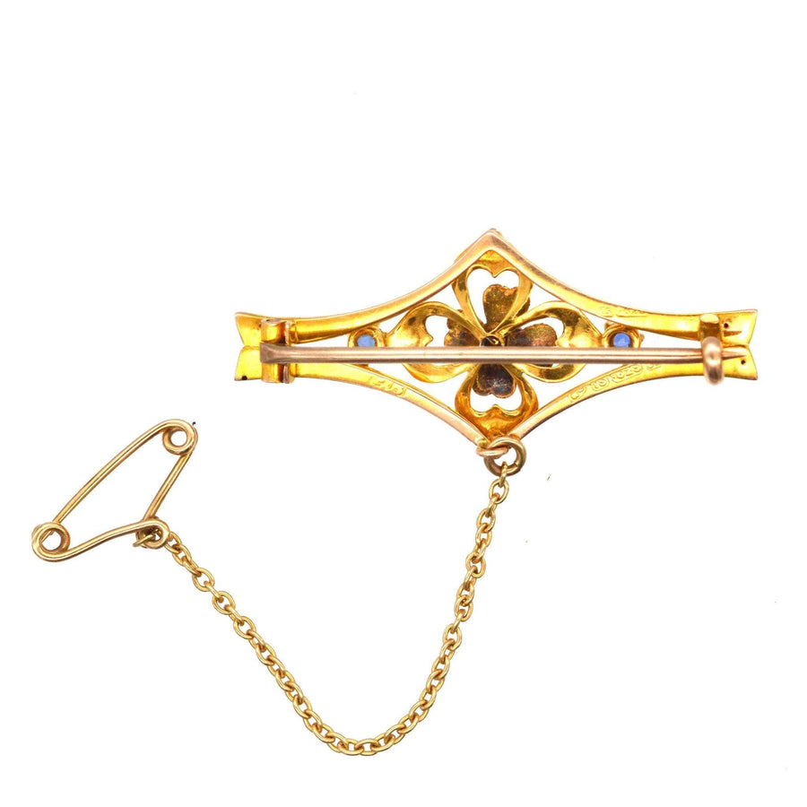 Edwardian 15ct gold floral bar brooch featuring sapphires and diamonds, handmade in Chester, 1910.
