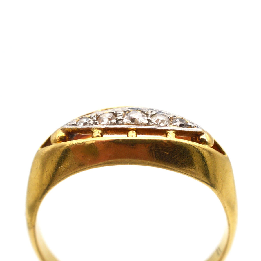 Edwardian 18ct gold and platinum five stone diamond ring with marquise setting, showcasing old European cut diamonds.