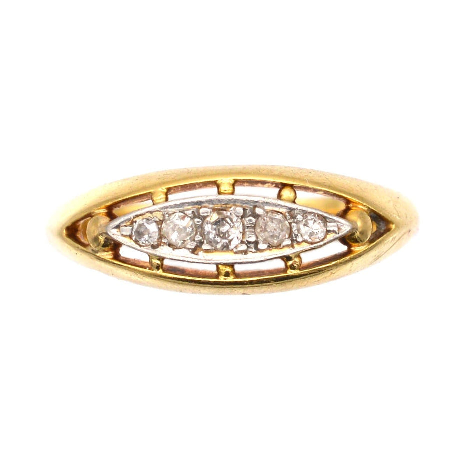 Edwardian 18ct gold and platinum five stone diamond ring in boat shape with old European cut diamonds.