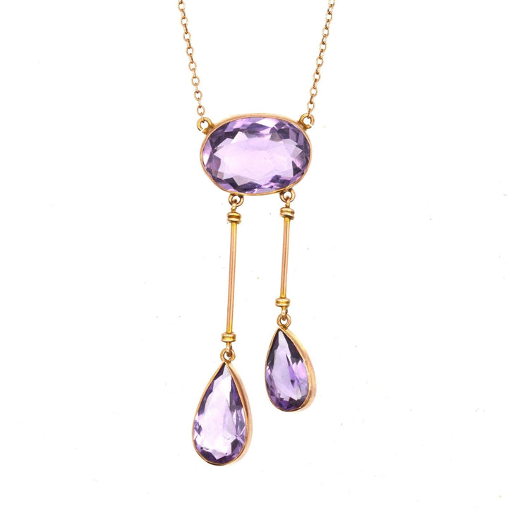 Edwardian 9ct Gold Amethyst Double Drop Negligee Lavalliere Necklace | Parkin and Gerrish (UK)