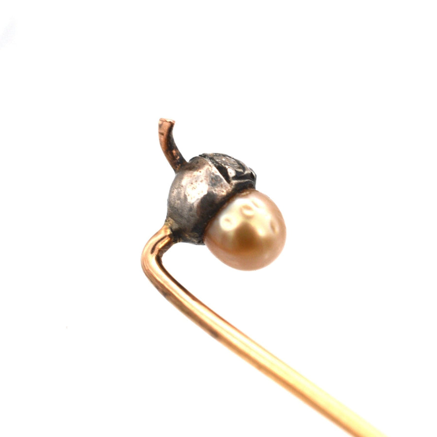 Edwardian acorn tie pin featuring 9ct gold, silver, diamond, and natural pearl, perfect for silk ties.