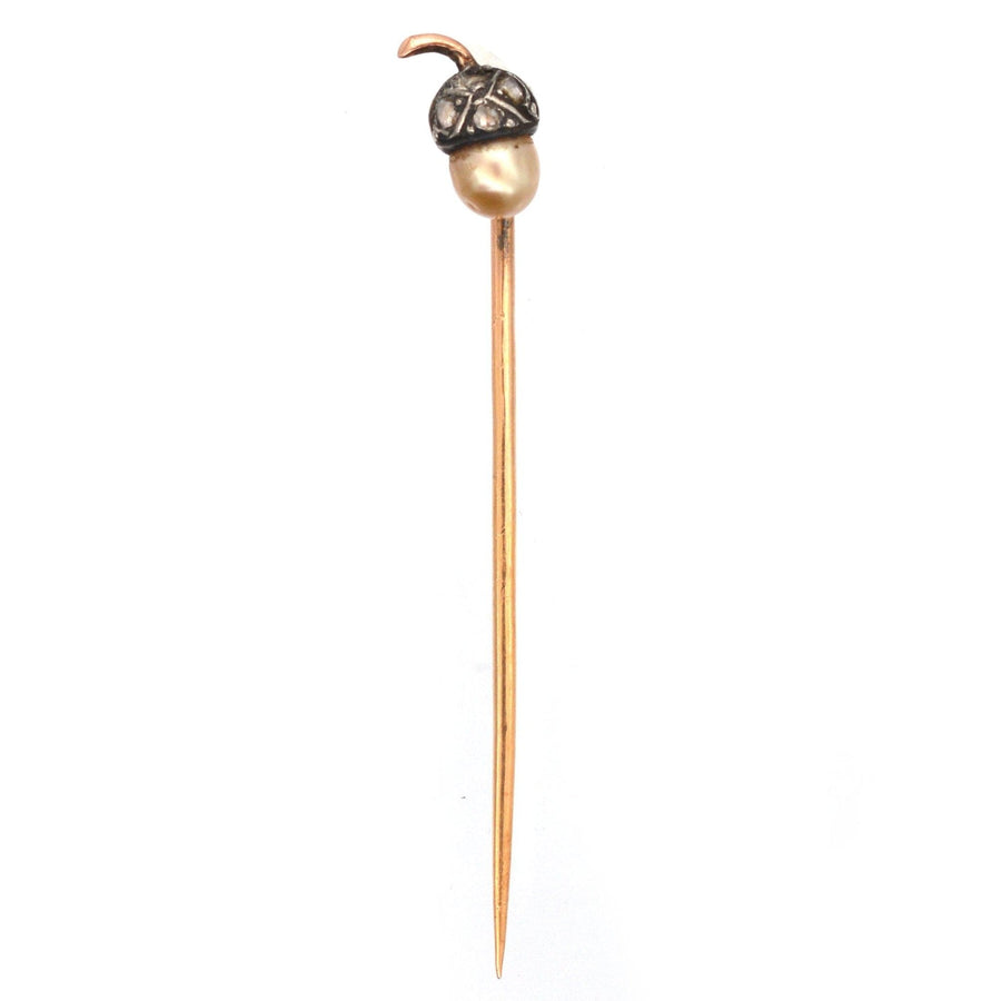 Edwardian 9ct gold and silver acorn tie pin with diamond and natural pearl detail, perfect for a colorful silk tie.
