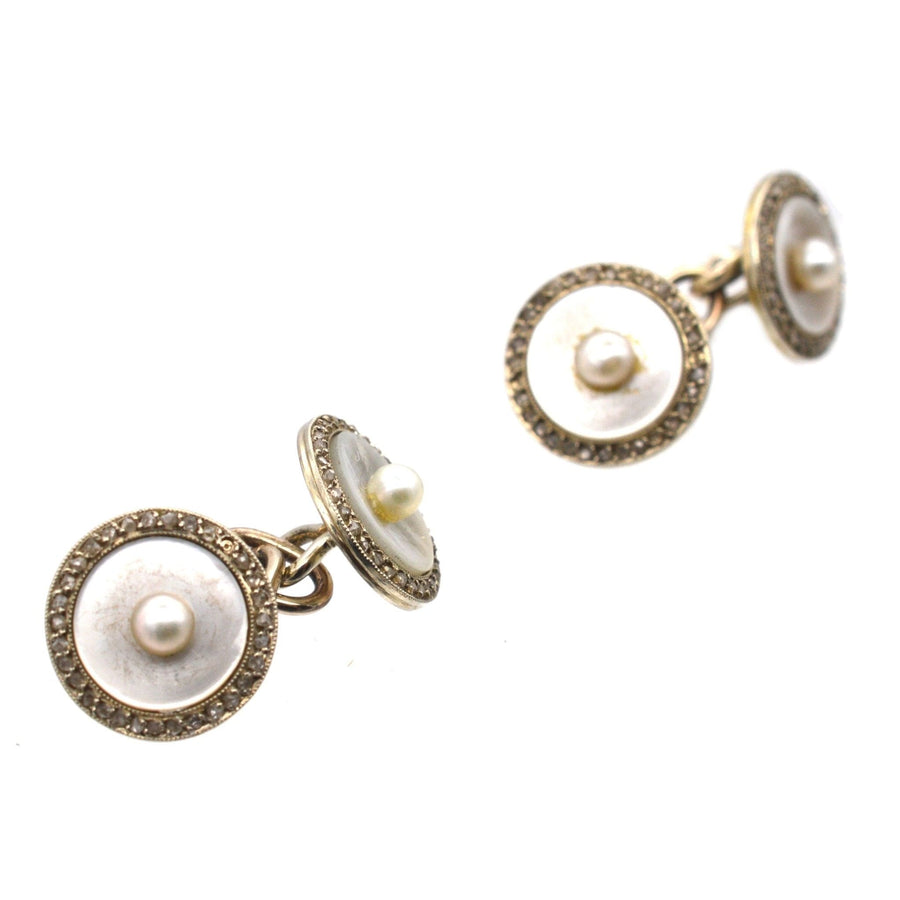 French Belle Époque 18 ct gold cufflinks featuring mother of pearl, rose diamonds, and a pearl centerpiece.