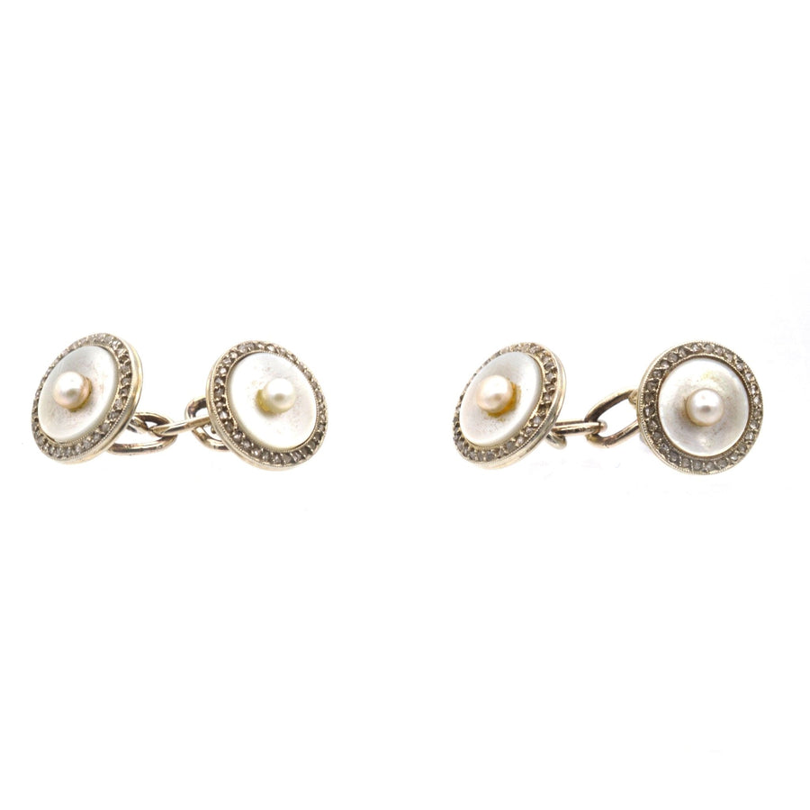 Elegant French Belle Époque cufflinks in 18 ct gold, featuring mother of pearl and rose diamonds with pearls at the center.