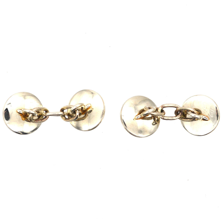 Antique 18 ct gold cufflinks with mother of pearl and rose diamonds, elegant and delicate design.