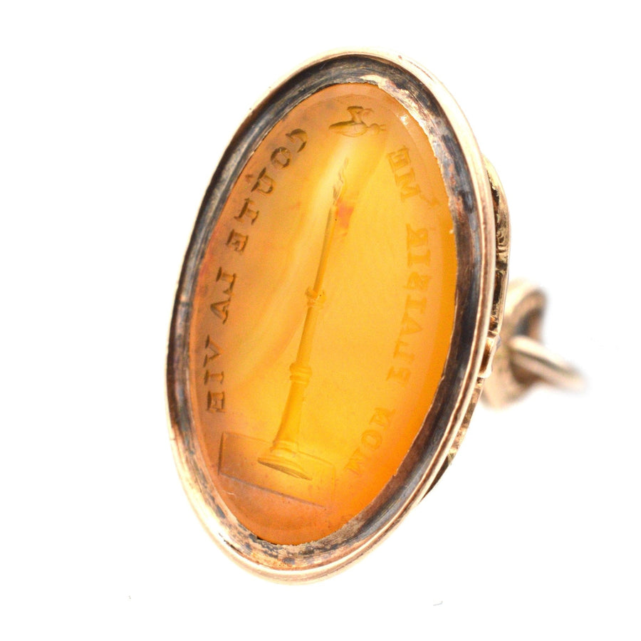 Georgian 9ct gold carnelian seal with intaglio of candle and moth, engraved 'Mon plaisir me coûte la vie'.