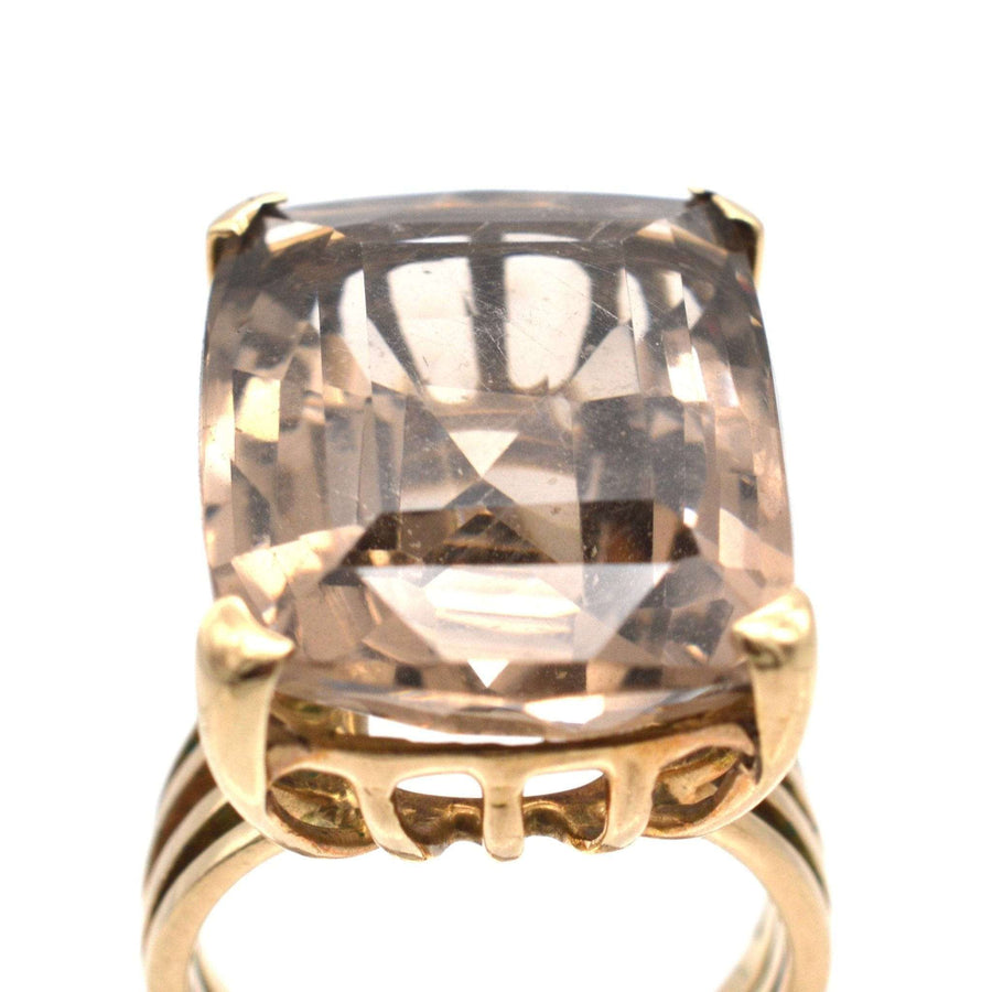 Large mid-century 9ct gold smoky quartz cocktail ring featuring an openwork shank, stylish and vintage design.