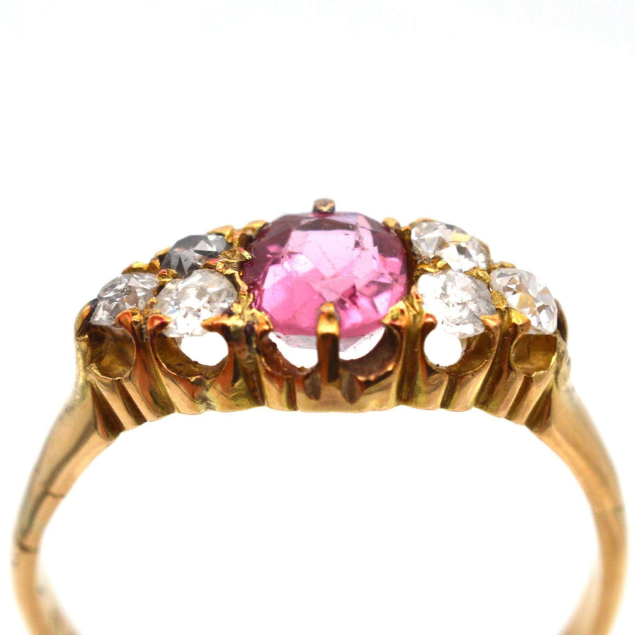 Late Victorian 18ct gold ring featuring a pink tourmaline and old cut diamonds, crafted circa 1890-1900.